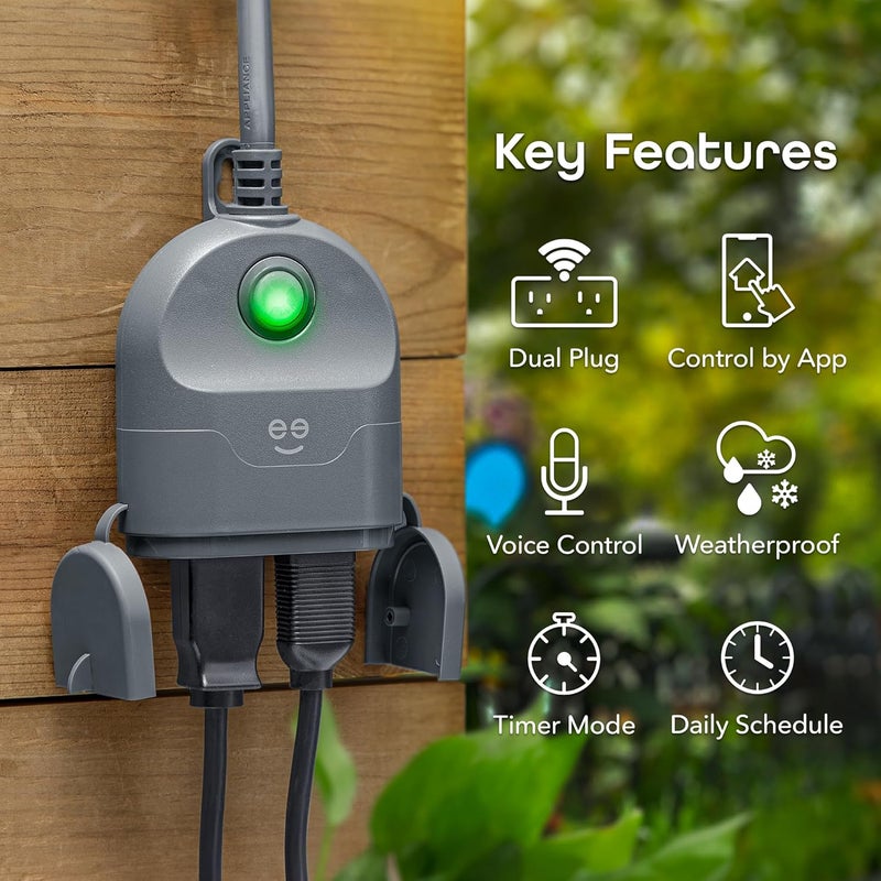 Geeni Outdoor Duo Wi-Fi Smart Plug | 2 Weatherproof Outlets, Compatible with Alexa & Google Assistant | Wireless Remote Control & Timer for Holiday Lights, Appliances, and More, 2-Pack - Image 2